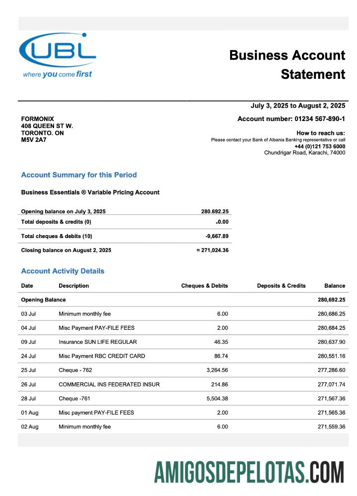 Imprimível Paquistão UBL Enterprise Account Statement Word And PDF model